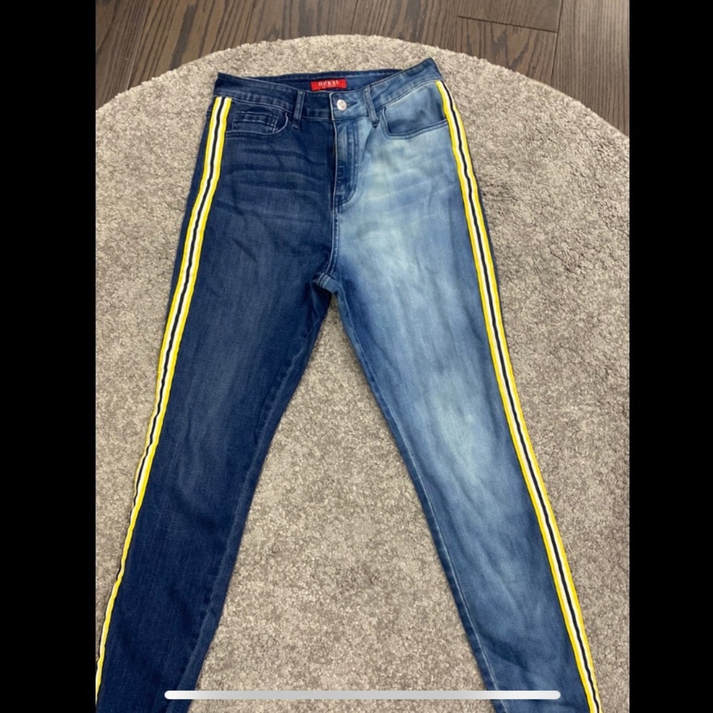 Guess split bleached denim jeans with yellow stripe lining